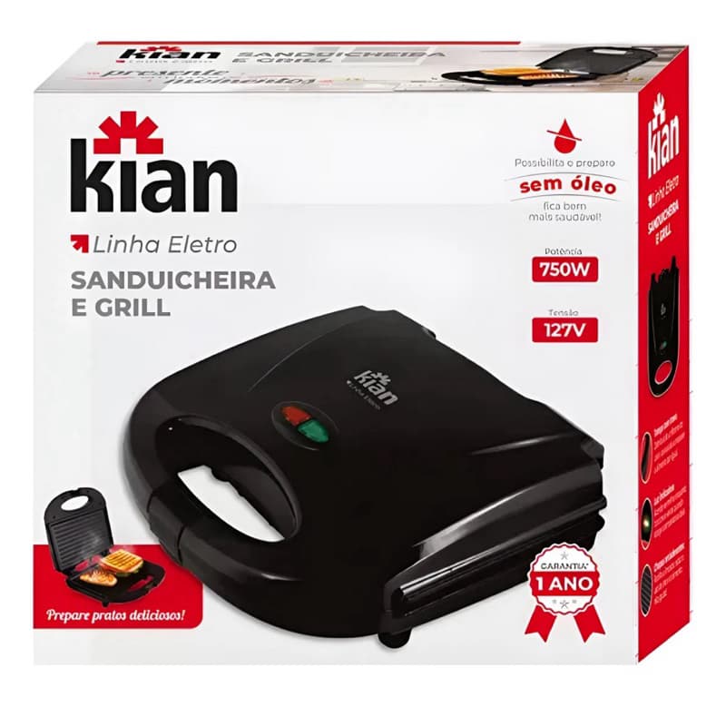 Sanduicheira Grill 2 Em 1 Kian Preta Elétrica 750w