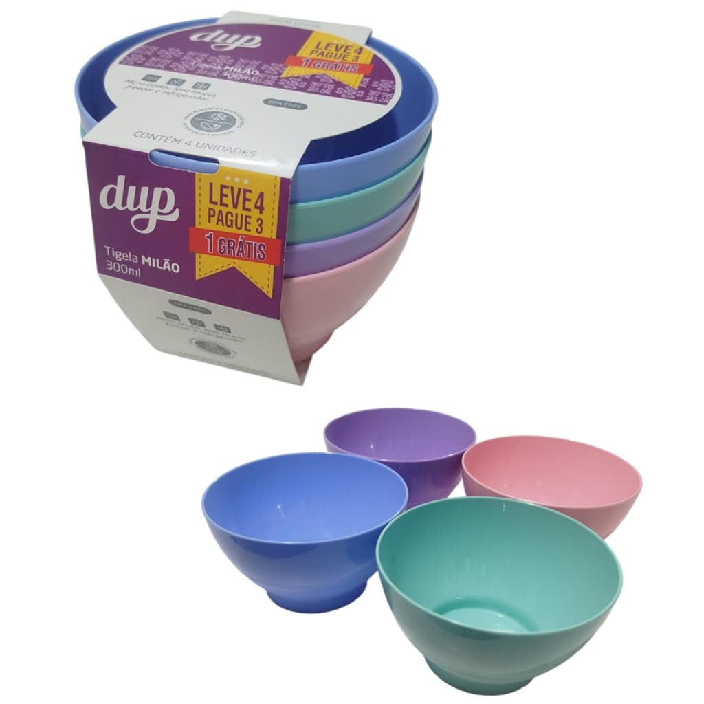 Conjunto 4 Tigelas Milão DUP 300ml Coloridas Plástico BPA Free Sobremesas Freezer Micro