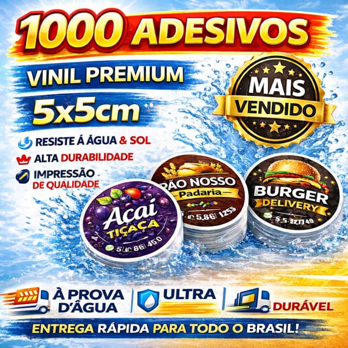 Adesivos Personalizados 5x5 cm Kit 1000 Unidades Vinil à Prova D'água Sua Logo Etiquetas para Embalagem Delivery Mimos
