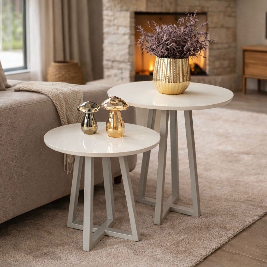 Kit 2 Mesas Lateral Redondas Decorativas Grécia Champanhe Base Pé Aço Cinza Apoio Sala Moderna Luxo 20x30