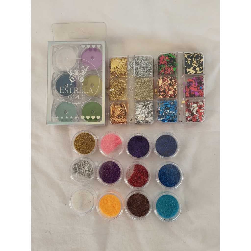 Kit 30 Decorações Nails Art Pó Cromado Glitter colorido Folhas de Ouro varias Cores