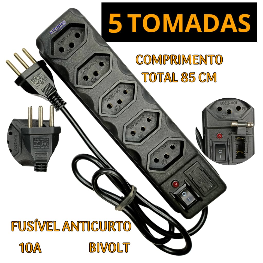 Filtro de Linha Régua Elétrica 5 Tomadas Preta Bivolt 10A 85cm Régua + Cabo Fusível de Proteção Anticurto