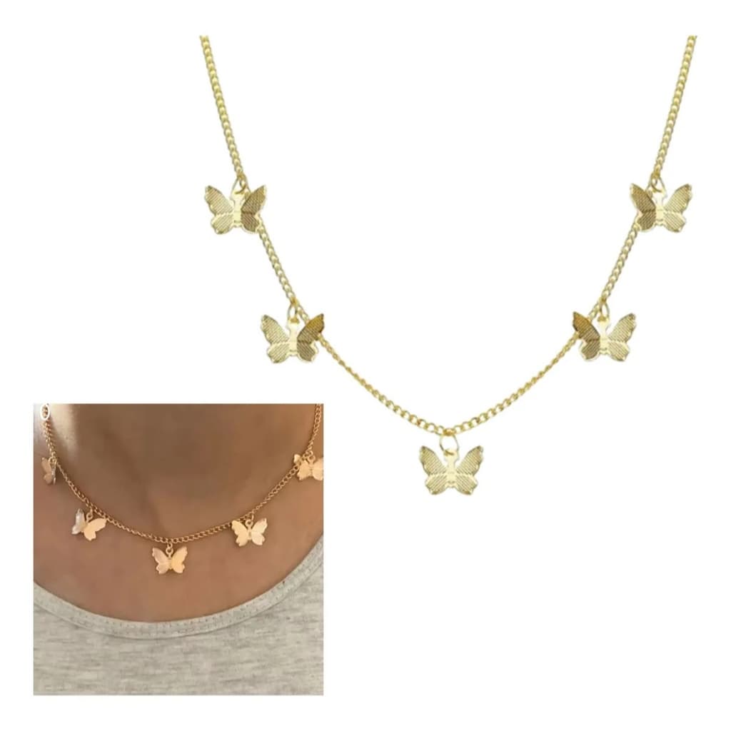 Colar Gargantilha Borboleta Dourado E Prata E-girl Choker