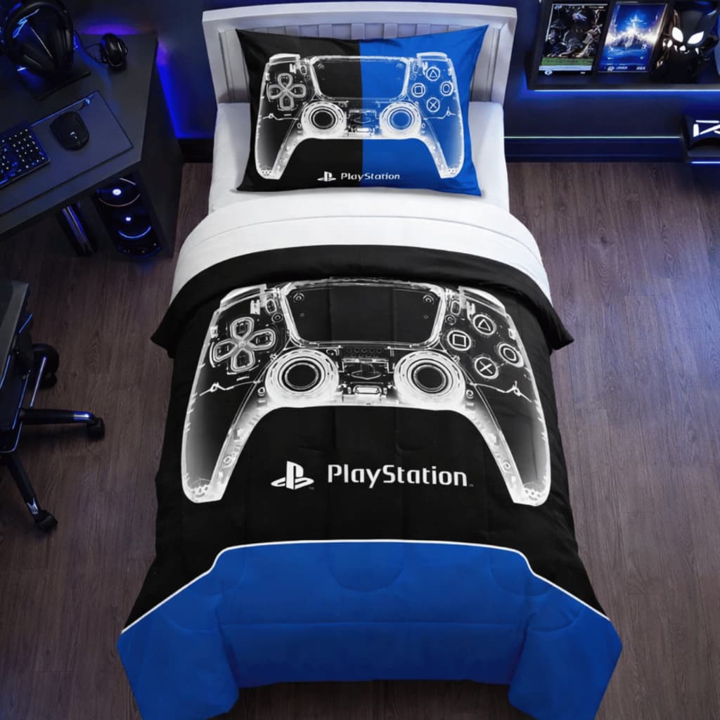 Kit 2 Peças Edredom Fronha Gamer Playstation PS5 Solteiro Infantil Juvenil Decoração Para Quarto