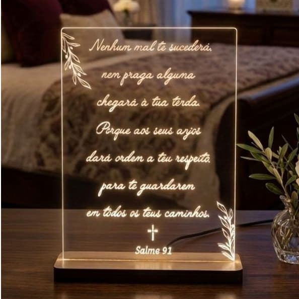 Luminária de Led  Base em MDF Salmos Abajur de Mesa decorativo Presentes - Criativos - Com Fonte