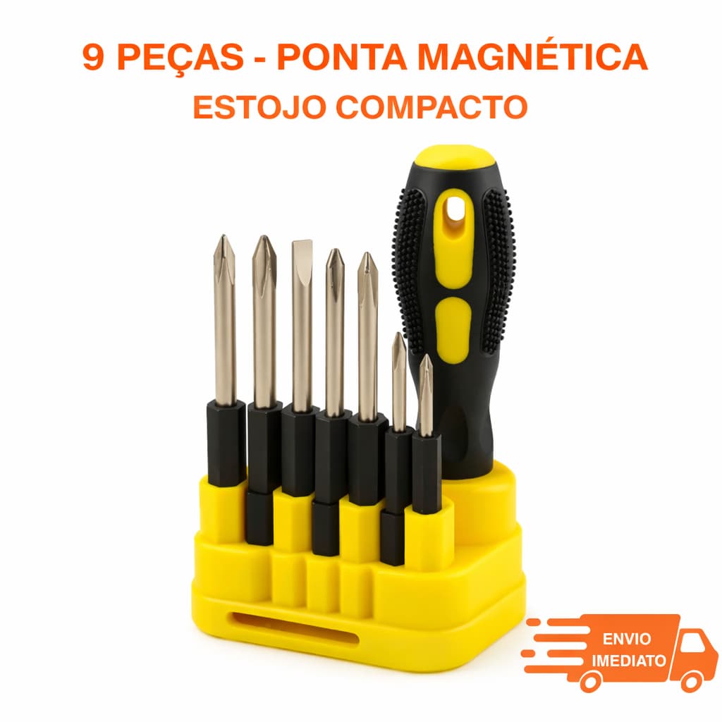 Jogo de Chave Fenda Phillips 9 Peças Cabo Emborrachado Estojo Multiuso Universal