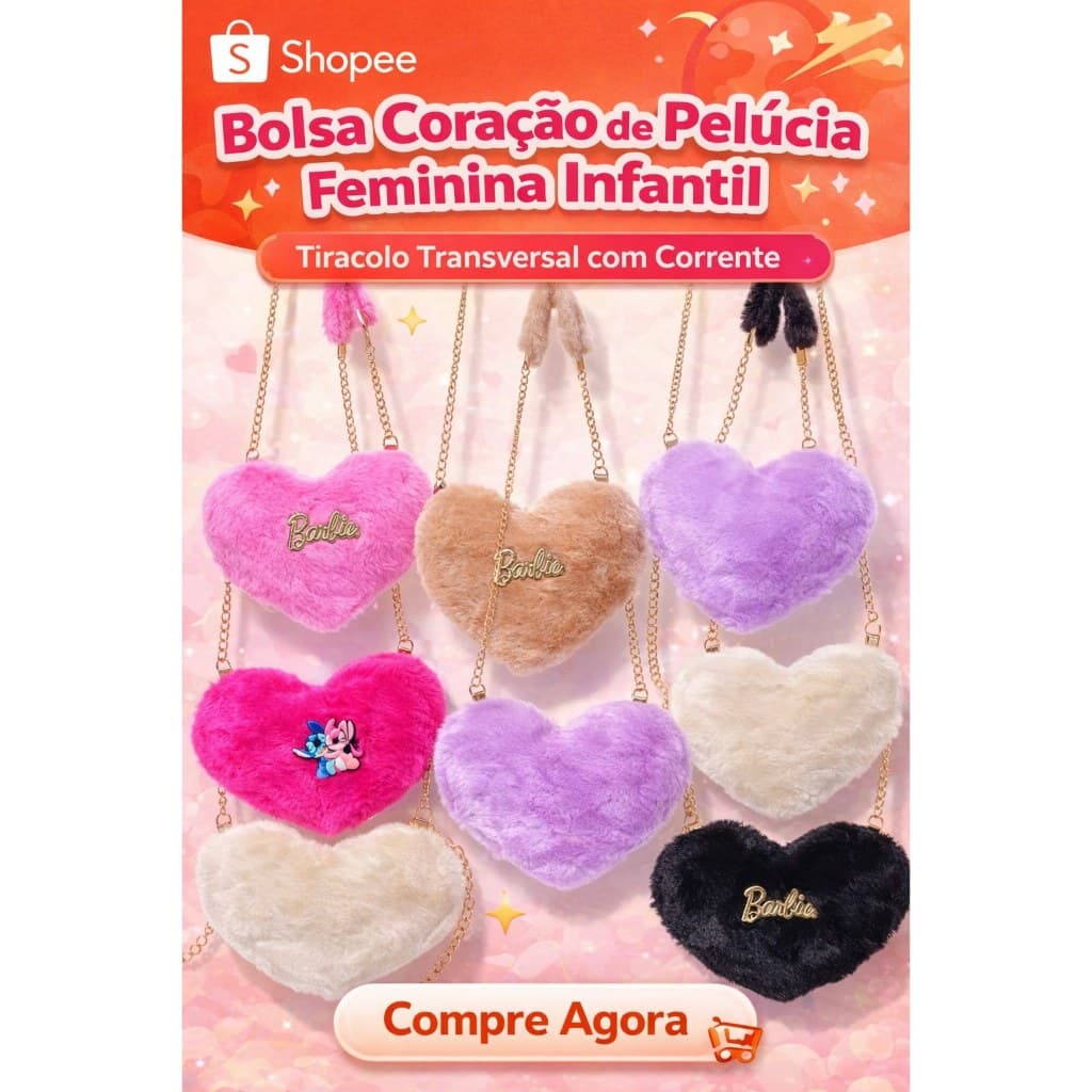 Bolsa Coração Feminina Pelúcia Transversal Moda Festa Passeio