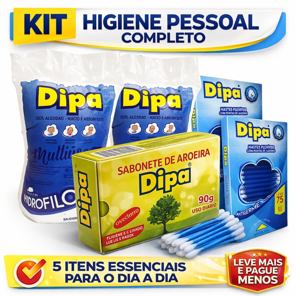 🛍️ Kit Higiene Pessoal Completo Dipa Econômico | Algodão Hidrófilo + Cotonete + Sabonete | Uso Diário Bebê e Adulto