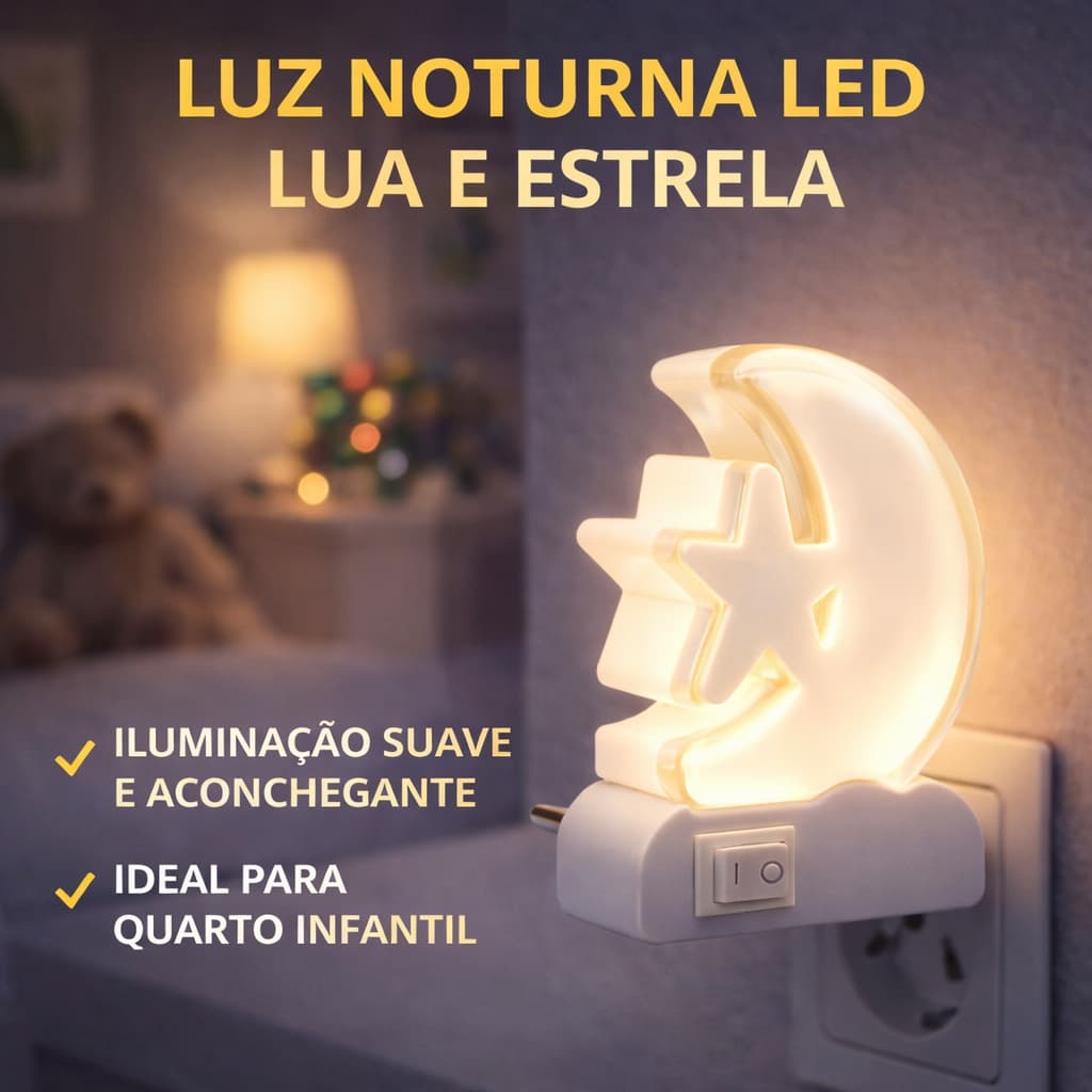 Kit 2 3 UN Luminária LED Lua Estrela Noturna Infantil Tomada Quarto Bebê Abajur Luz Suave