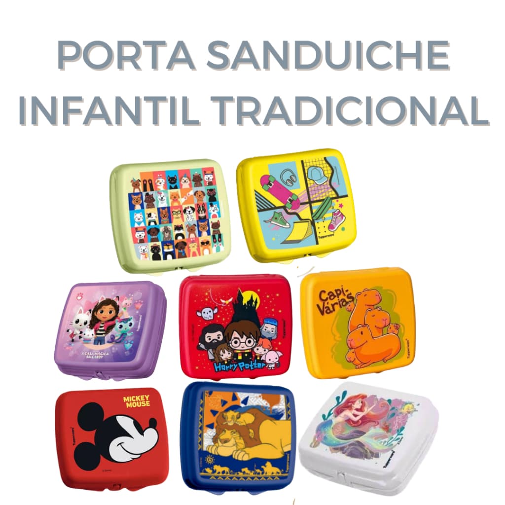 Porta sanduiche Tupperware Original lanche sanduicheira quadrada capivara/harry potter/mickey/rei leão/gabby/ariel/skate