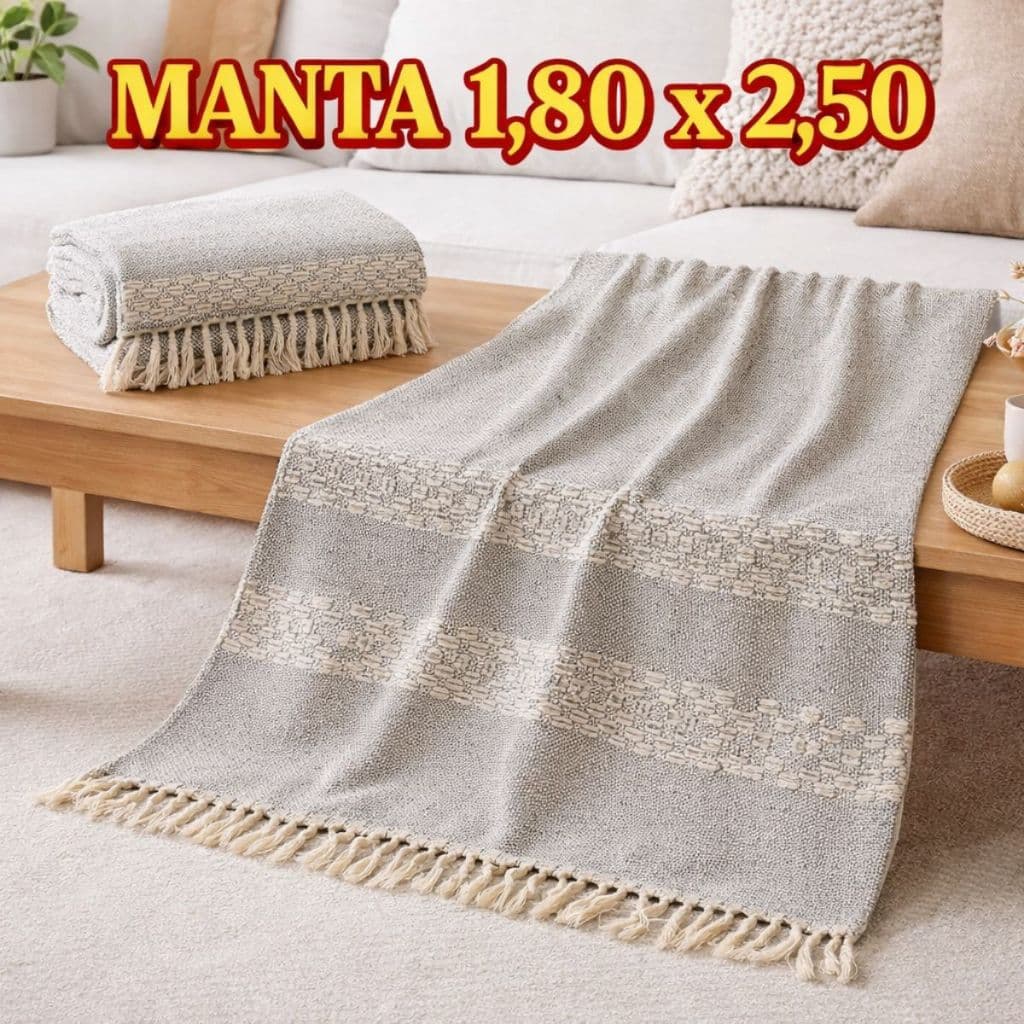 Manta Para Sofá -1,80 x  2,50m Algodão Decorativa Artesanal com Franja Confortável Elegante para Sala e Cama