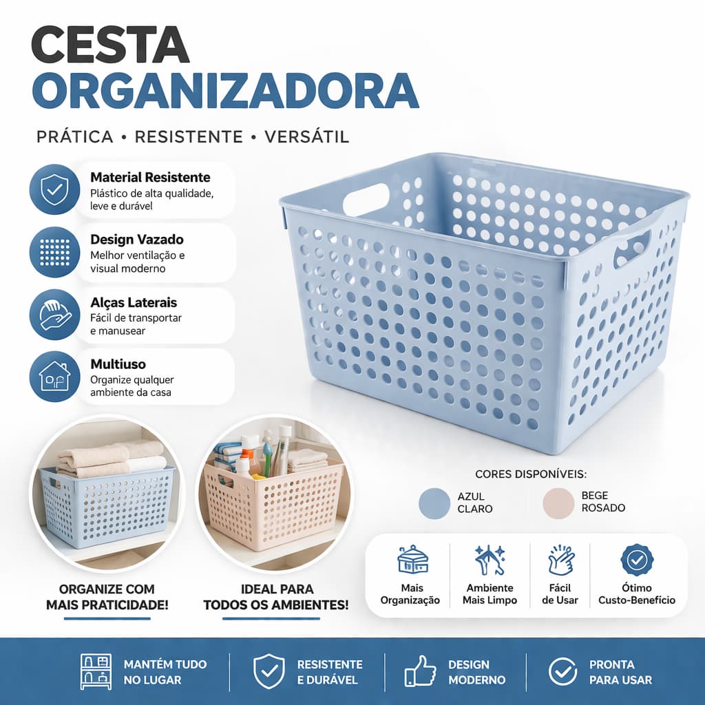 Cesta Organizadora Plástica Multiuso com Alças – Resistente e Ventilada para Banheiro, Cozinha e Lavanderia Azul e Bege