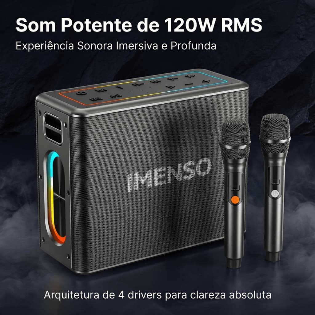 Caixa de Som Bluetooth 120W RMS | 12000mAh, 2 Microfones UHF, TWS, RGB e 4 Drivers | IMENSO