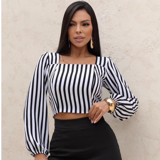 blusa feminina gola quadrado manga longa listrado poá
