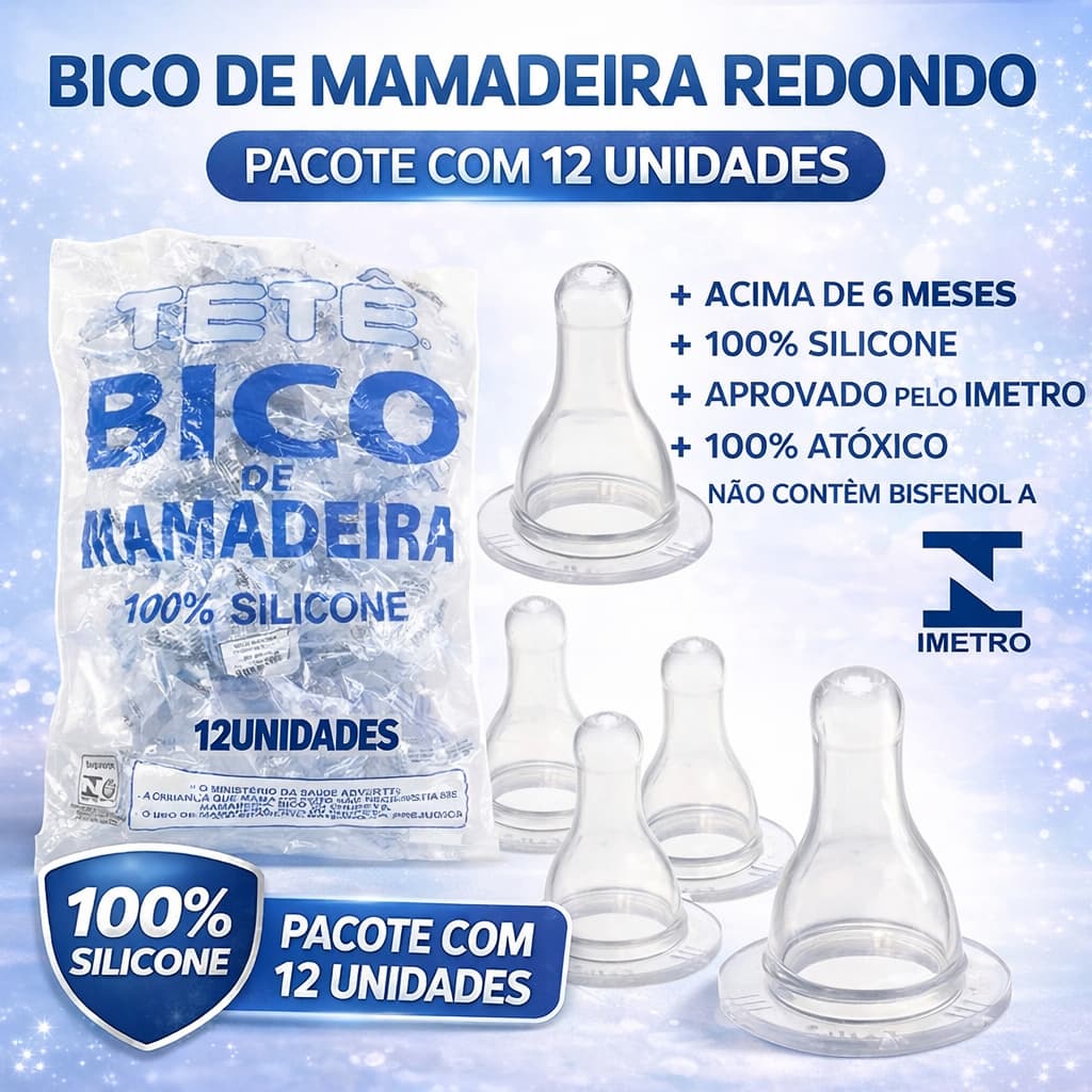 Kit 12 Unidades Bico de Mamadeira Redondo 100% Silicone Tetê Aprovado Pelo Inmetro Qualidade Premium