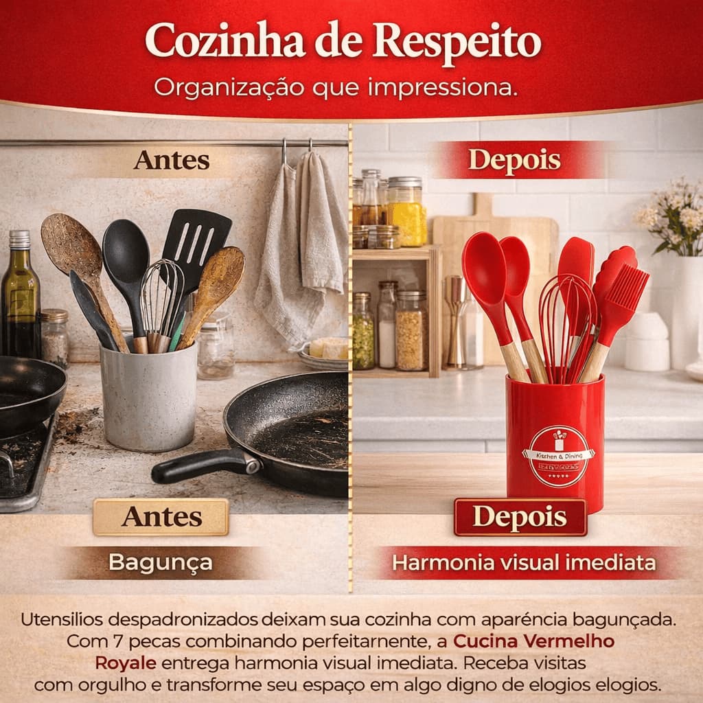 Utensílios de Cozinha Silicone 7 Peças Vermelho Cabo Madeira Profissional Antiaderente Premium