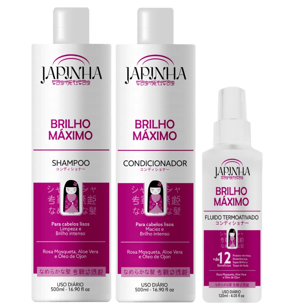 Kit Japinha Brilho Máximo | Shampoo + Condicionador - Spray Protetor Térmico 12 em 1 Capilar