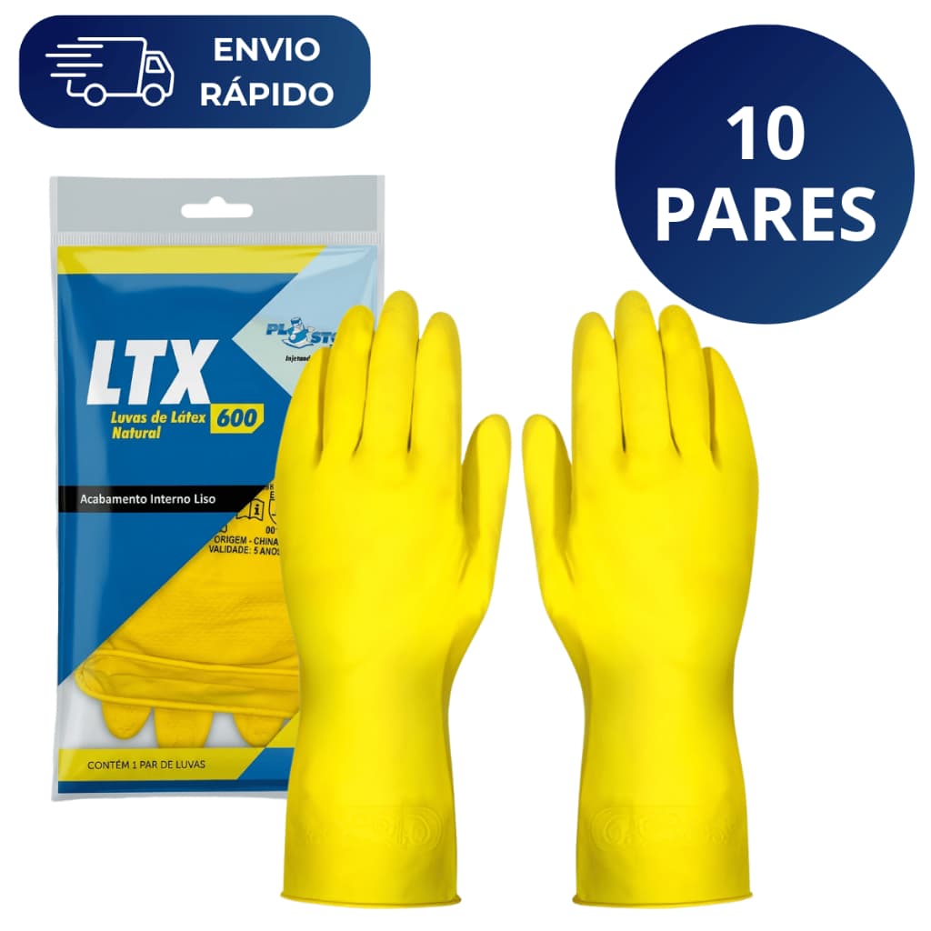Kit 10 Pares Luva Látex Amarela Multiuso Antiderrapante Impermeável Limpeza Louça Faxina Jardinagem