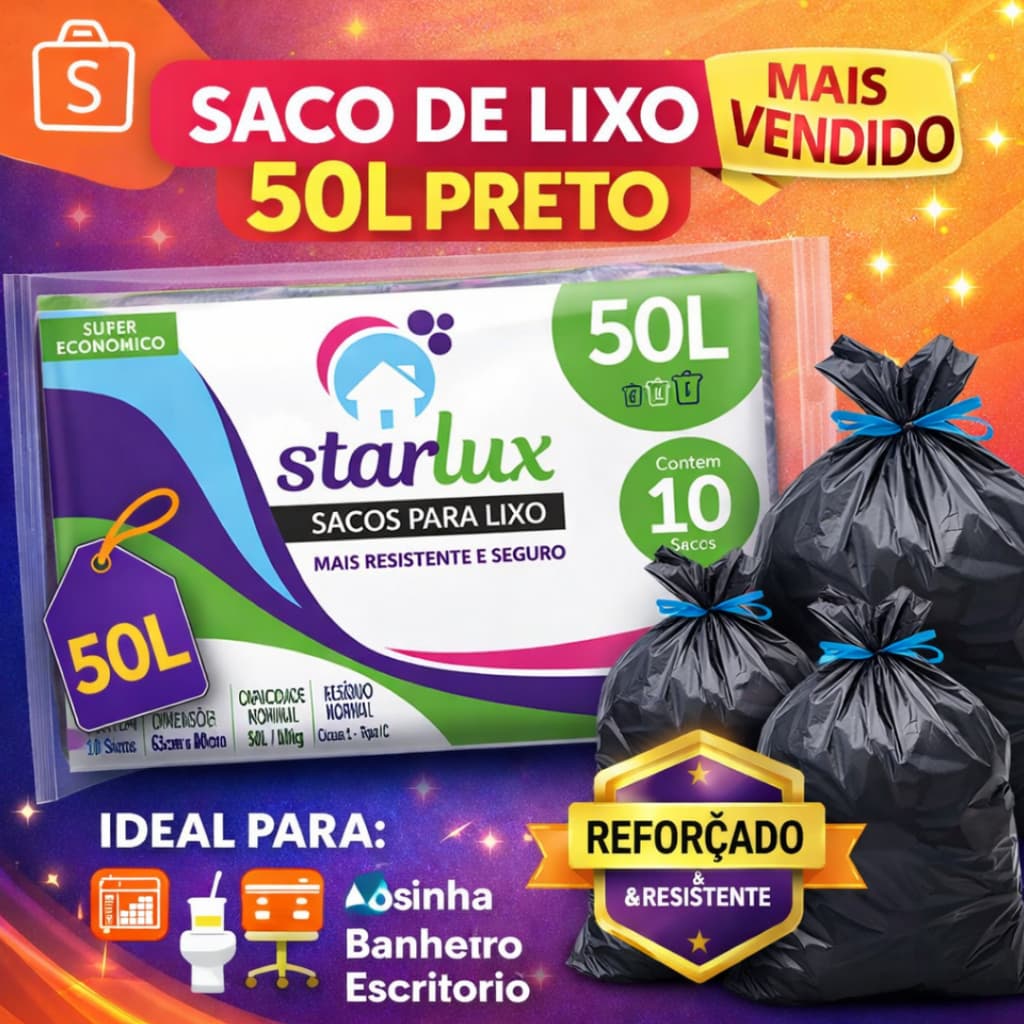 Saco de Lixo 50L Preto Starlux /10 Unidades Reforçado Resistente Cozinha Banheiro Escritório