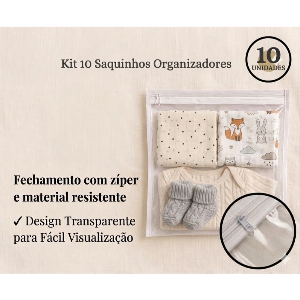 Kit com 10 Saquinhos Organizadores 26x30cm com Zíper – Ideal para Mala de Maternidade e Viagem