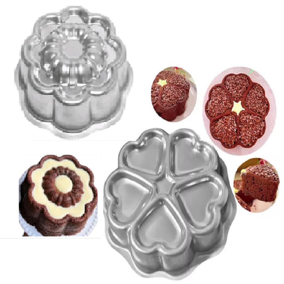 Assadeiras de Bolo Alumínio 2 Modelos, Forma de Bolo Flor Suíça + Forma de Bolo 5 Corações Gomada