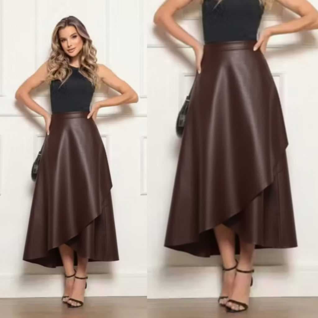 Saia Envelope de Couro Ecológico Premium - Cintura Alta Moda Blogueira