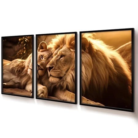 Quadro Decorativo Para Sala Quarto Casal Escritório Trio Dourado Casal De Leões