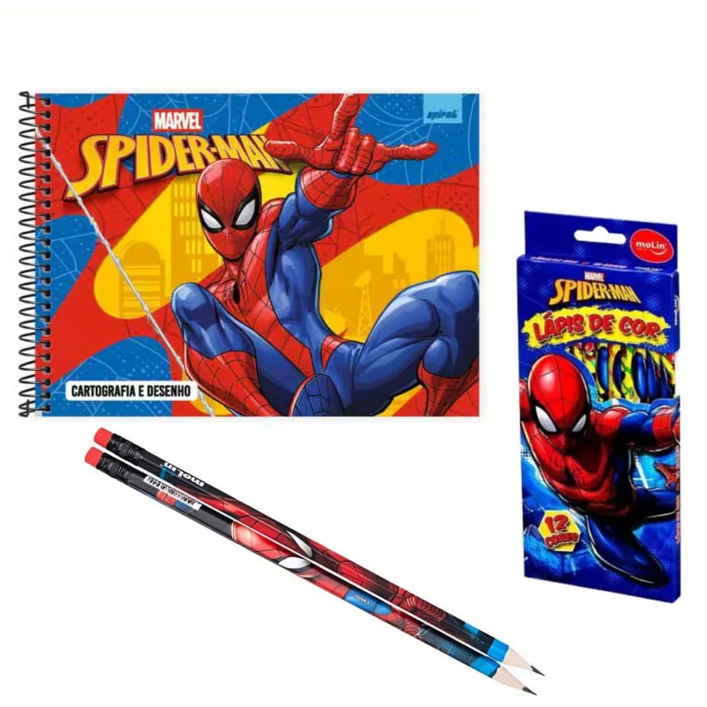 Kit Escolar Homem-Aranha Caderno Desenho + Lápis de Cor 12 Cores + 2 Lápis HB Volta às Aulas