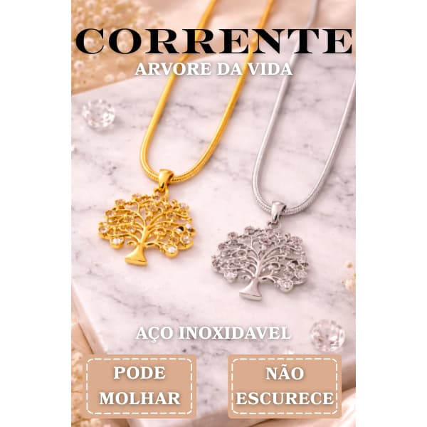 Colar Feminino Árvore da Vida em Aço Inox 316L Prata/Dourado com Zircônias Brilhantes – Não Escurece