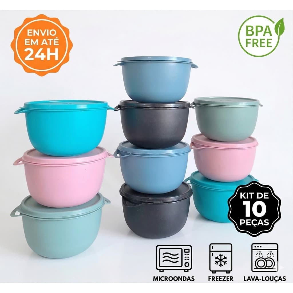 Kit 10 Potes 500ml Bowl Redondo Com Tampa Pequenos Cozinha