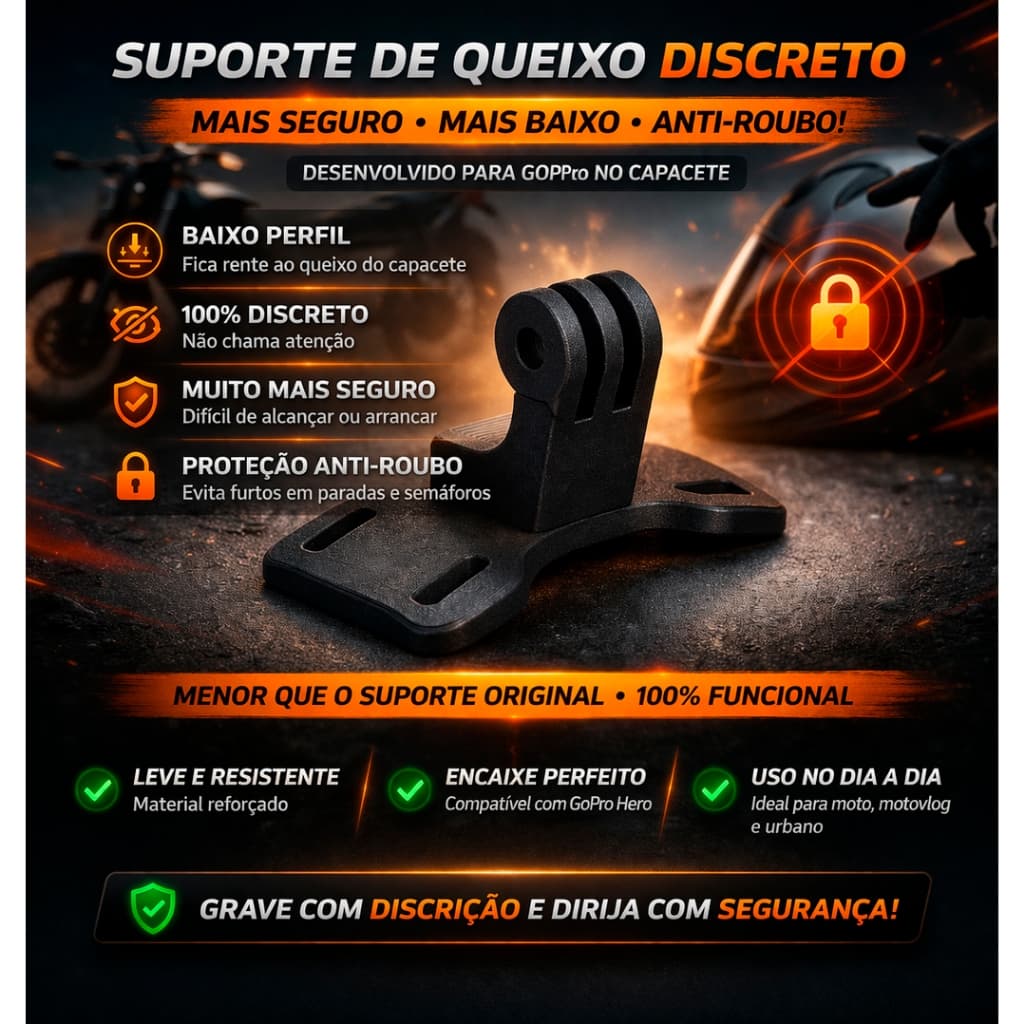 Suporte Queixo Capacete GoPro – Mais Seguro Contra Roubo | Compacto e Discreto Moto