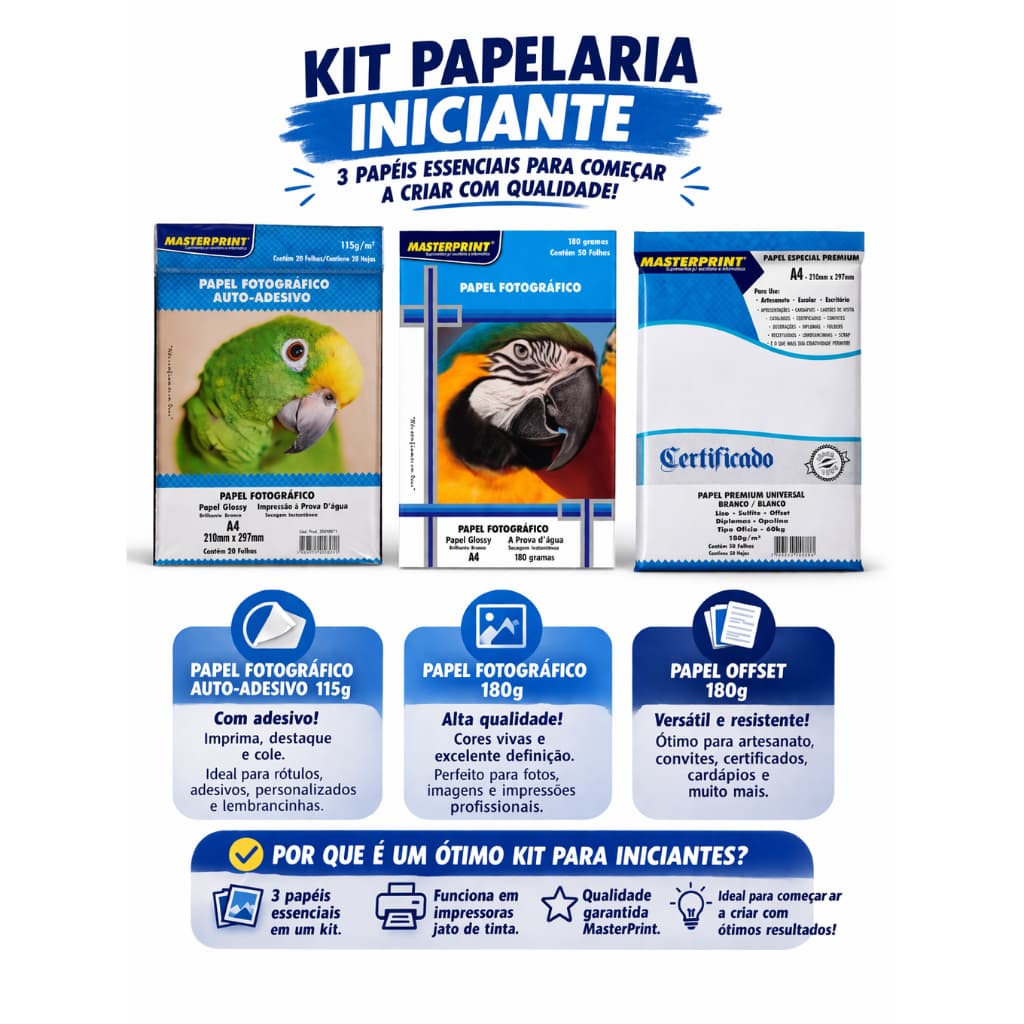 kit de Papelaria InIciante com Papel Fotografico 180g, Papel Offset 180G e Papel Adesivo Fotografico 115G MASTERPRINT OR