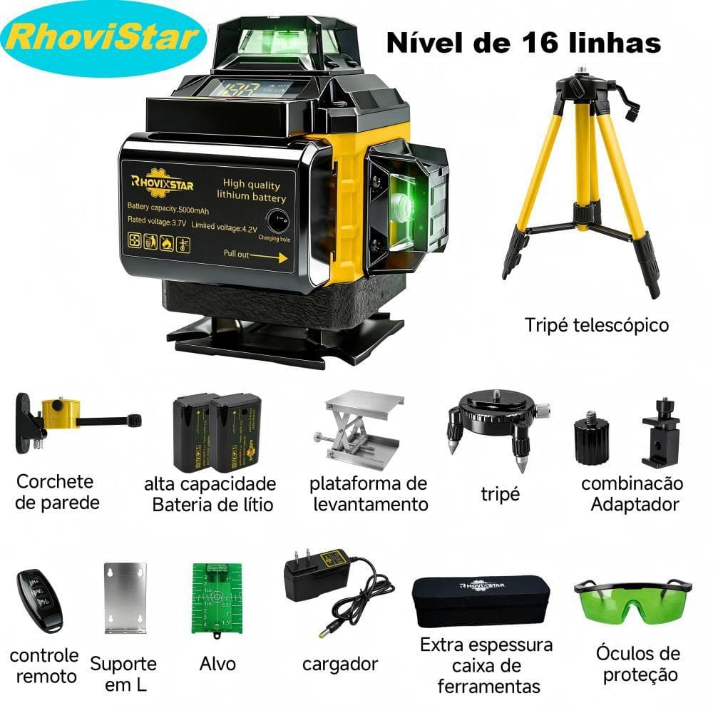 Conjunto De Nível a Laser De 16 Linhas, Incluindo 2 Baterias, Nível Profissional 4D De 360°, Laser Verde