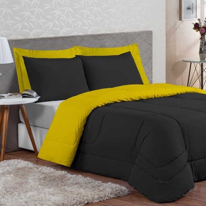 Edredon ternura queen  + jogo de lençol  6 peças preto / amarelo