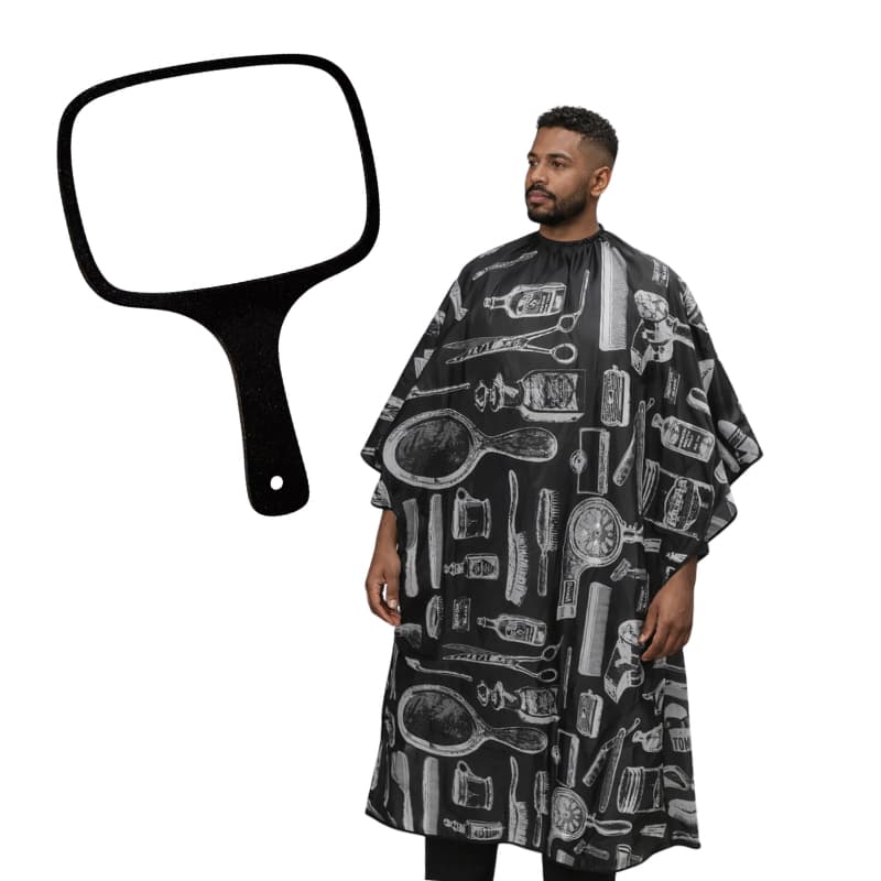 Kit Barbeiro Capa de Corte PRETA com Estampa de Acessórios + Espelho Retangular