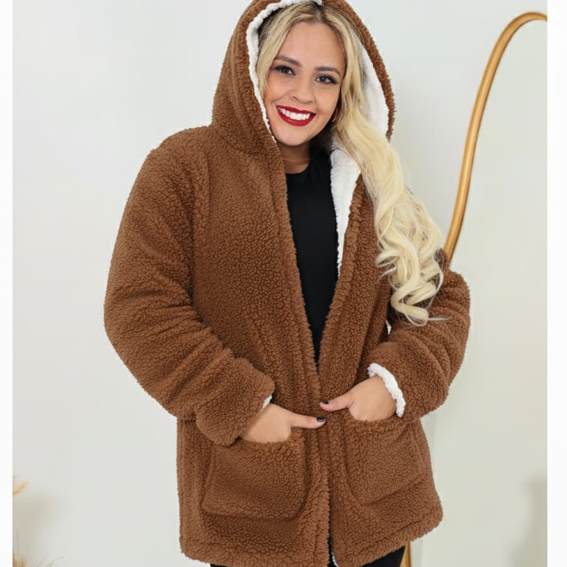 Casaco de Frio Teddy Feminino Dupla Face com Capuz e Bolsos Confortável Inverno 2026