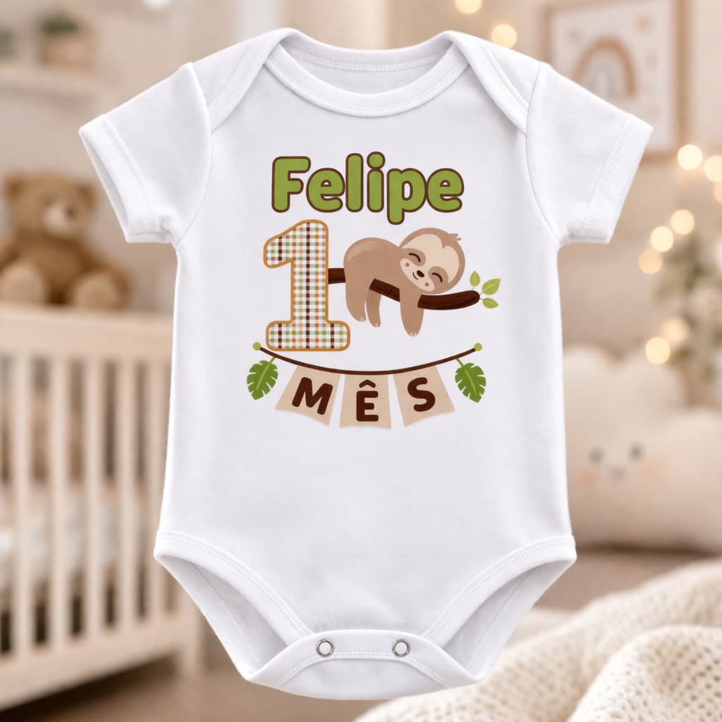 Body Bebê Mesversário Safari Bicho Preguiça Personalizado com Nome e Mês (Idade)