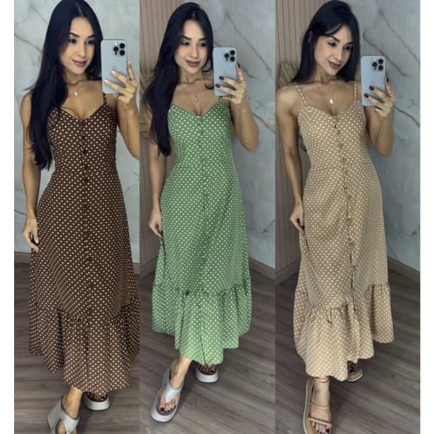 Vestido Midi FEMININO d POÁ Com forro e bojo com botões q abre na frete com elastico nas costas BLOGUEIRA MODA TENDENCIA