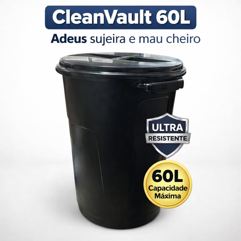 Lixeira 60L com Tampa CleanVault Resistente Grande Cozinha Banheiro Plástico Durável Anti Odor