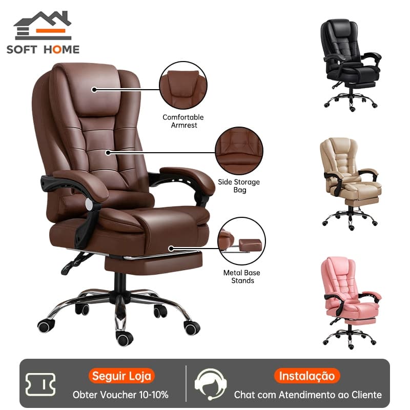 Cadeira de Escritório Presidente Ergonômica Reclinável c/ Apoio de Pés Home Office Confortável Suporta 150kg Reforçada