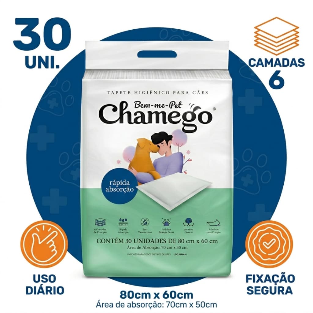Tapete Chamego Rápida absorção 80x60 com 30 unidades cada para cães