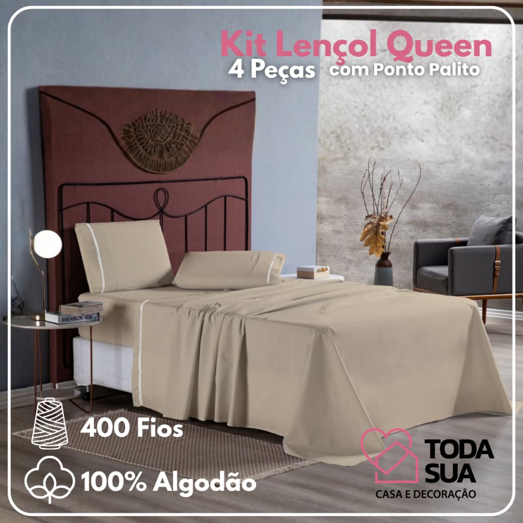 Lençol Queen Ponto Palito 04 Peças 100% Algodão