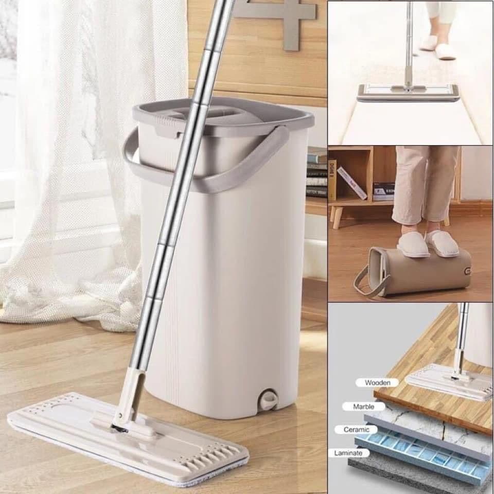 Mop Flat  2 em 1 com 2 Refis Balde Duplo Lava e Seca Microfibra 360° Limpeza Prática Sem Esforço