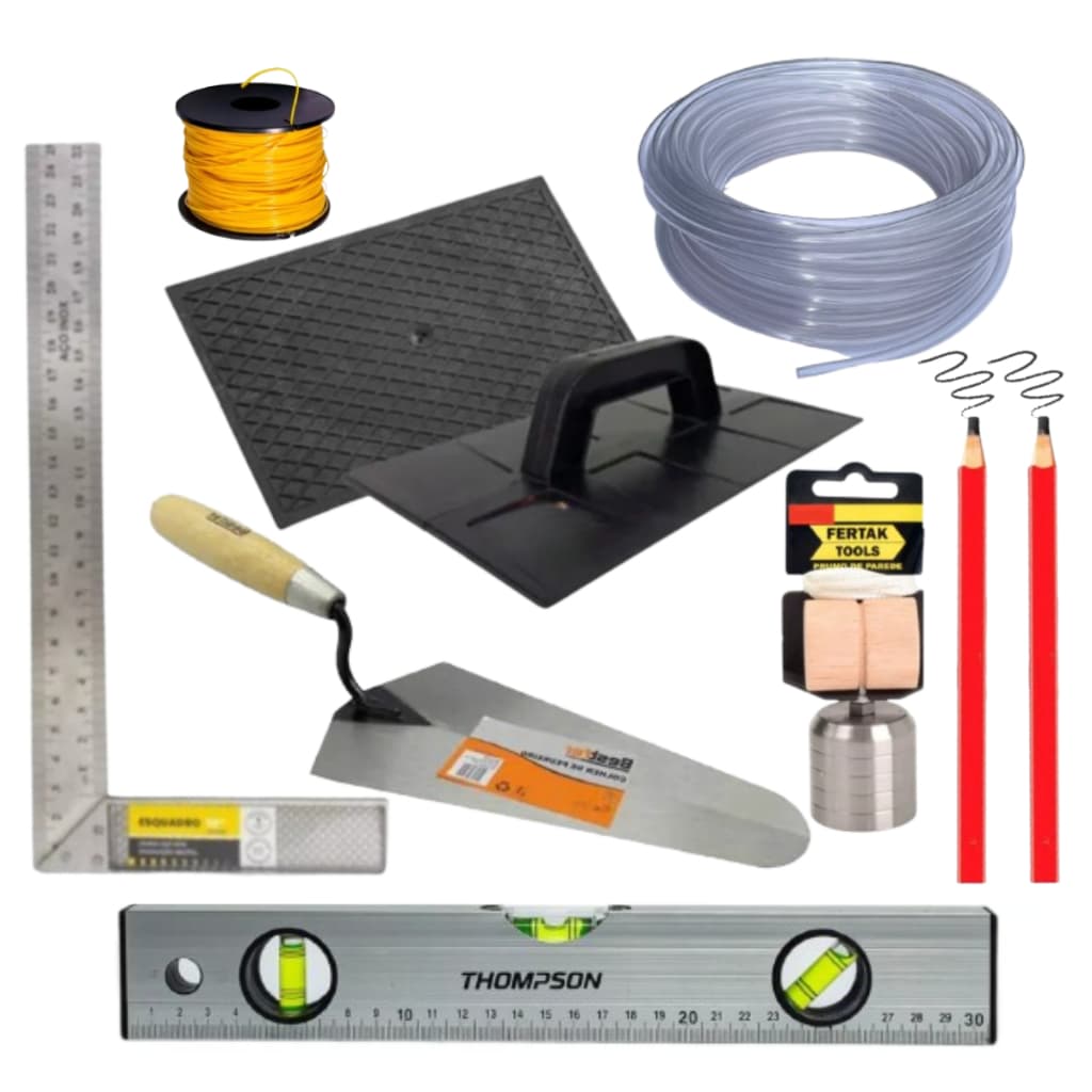 Kit Ferramentas 9 Peças Pedreiro Essencial Colher, Nível, Prumo, Linha, Esquadro Alumínio , Lápis