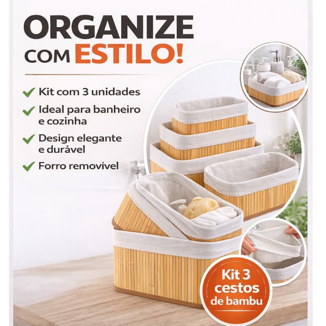 Kit 3 Cestos Organizadores de Bambu com Forro – Organização Elegante para Banheiro e Cozinha