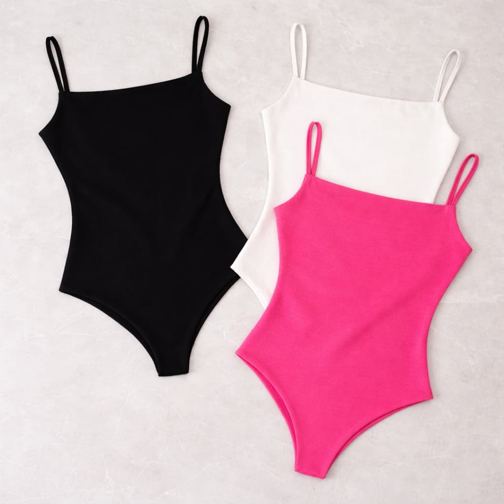KIT 3 Body Feminino Alça Fina Decote Quadrado em Suplex Forro Duplo Básico e Confortável