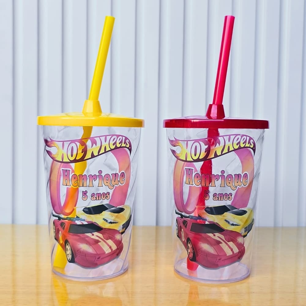 Copo twister Personalizado Hot Wheels M1 500ml com tampa e canudo - Copo shake/Lembrança festa