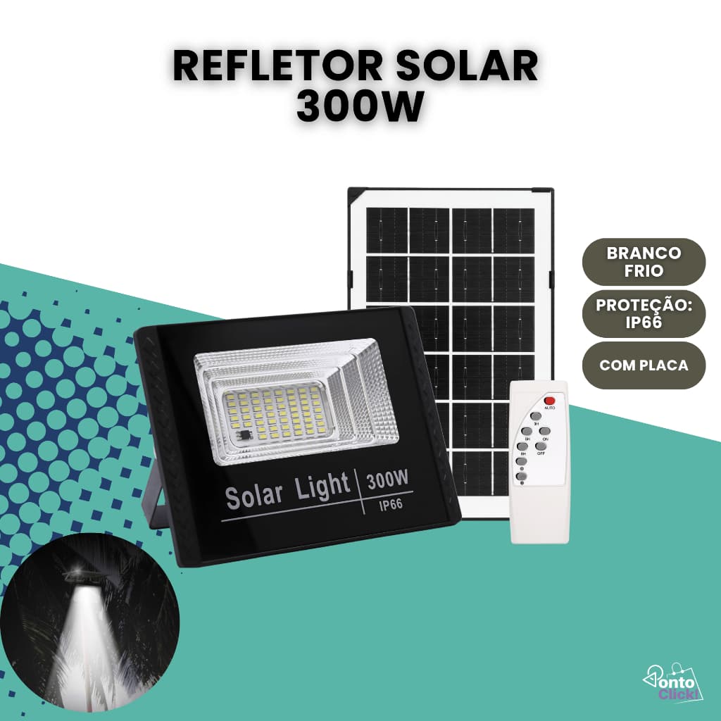 Refletor Solar Led Holofote 300w Preto Luz Branco Frio Placa Bateria Prova D'água