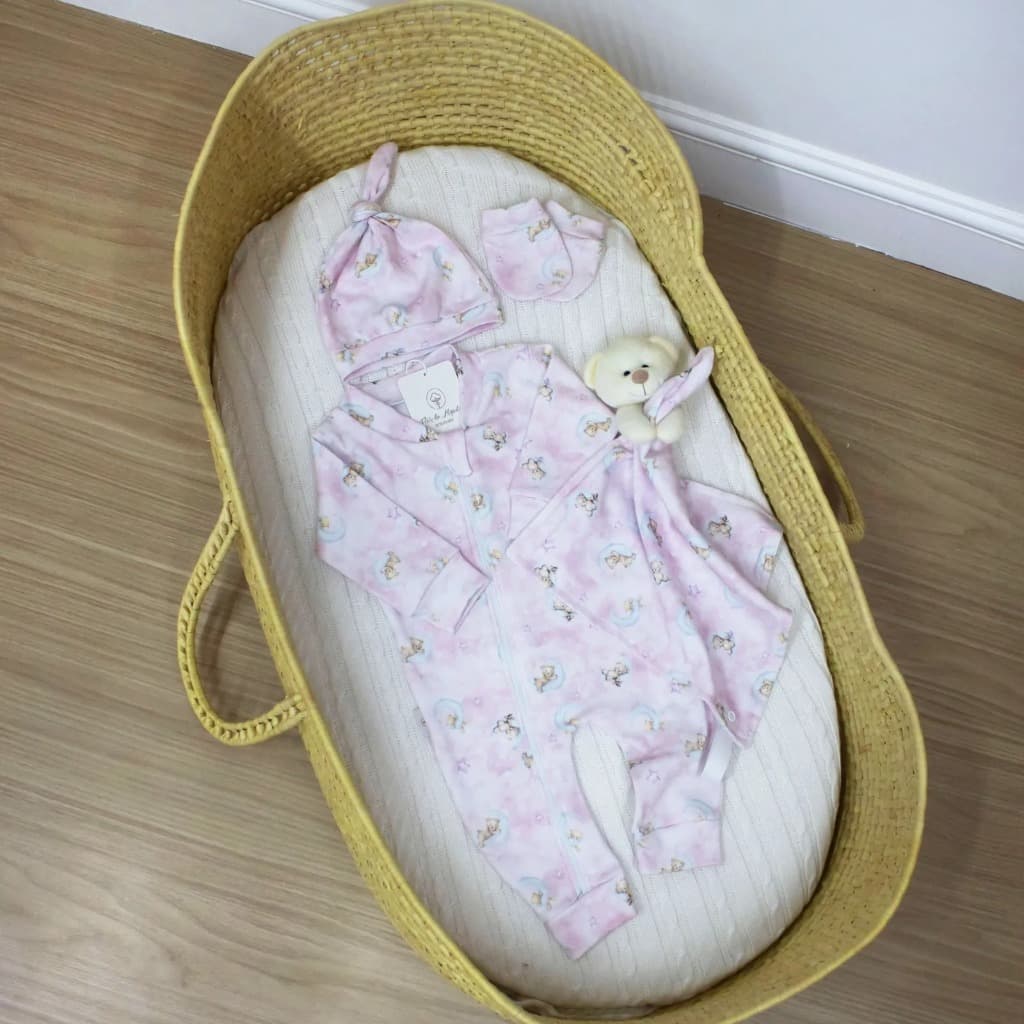 Conjunto Bebê Estampa Ursinha Kit Essencial Menina 4 Peças com Naninha Recém Nascido Luxo