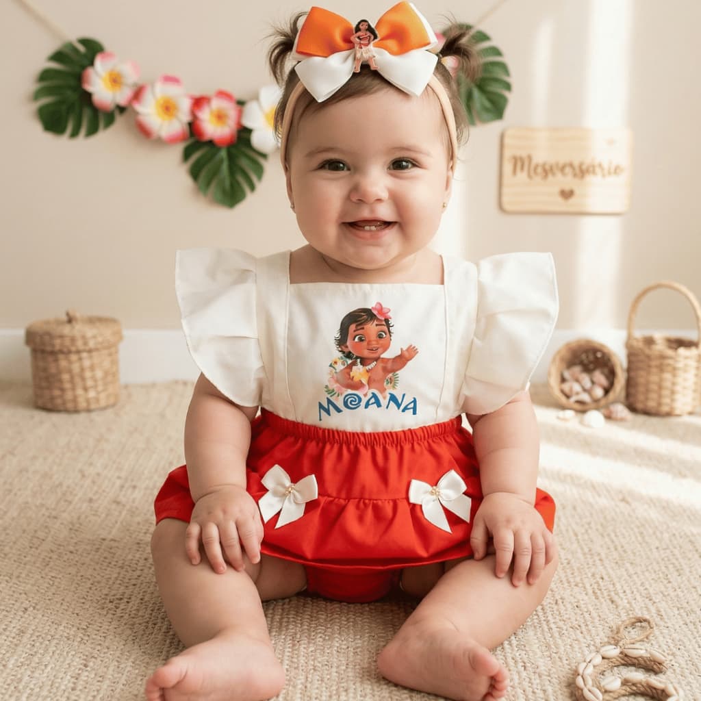 Conjunto Baby Moana – Romper + Faixa | Tamanho Único 6 a 9 meses | Look Tactel com Cabide mesversario tematico